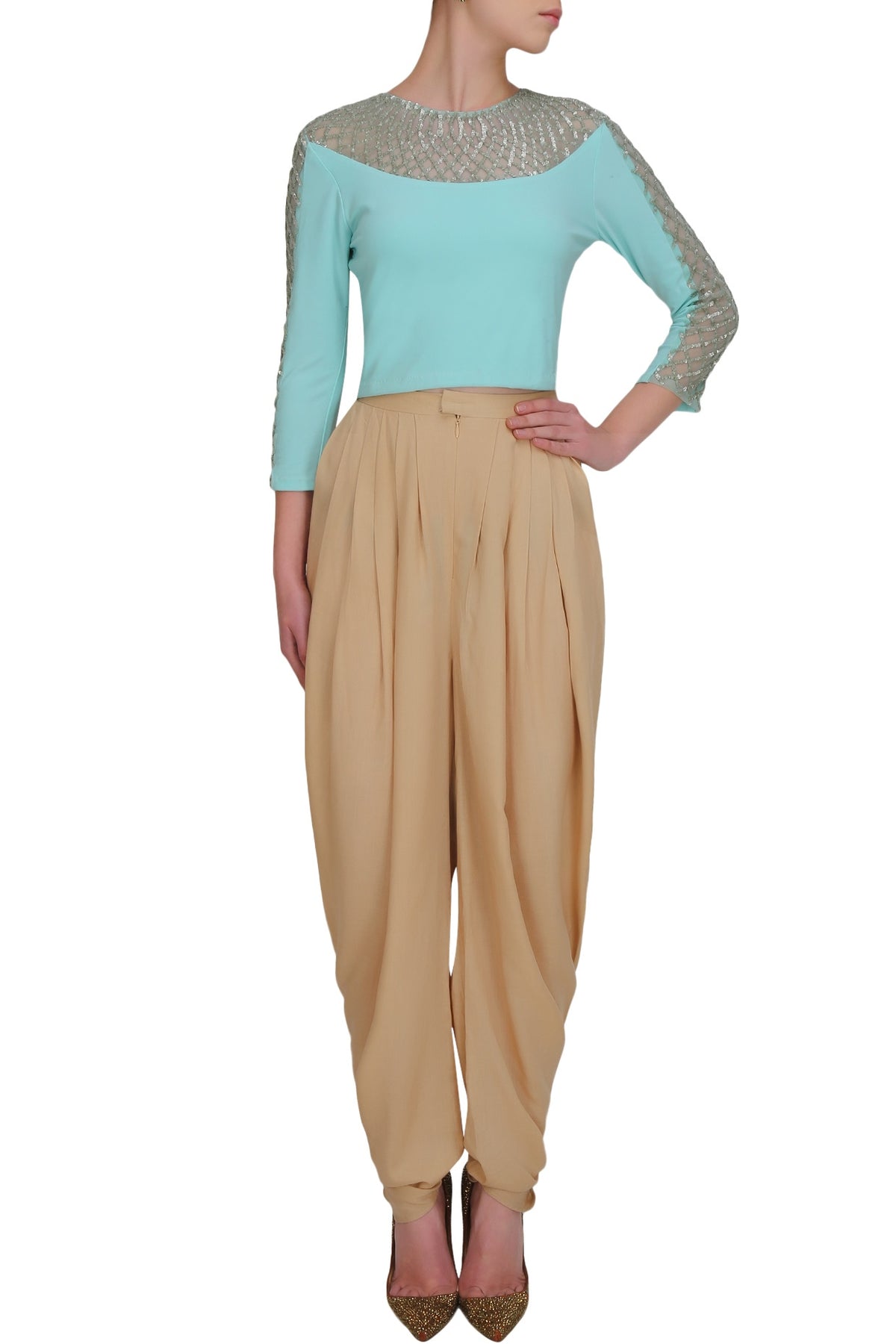 Aqua full sleeves persian necklace blouse