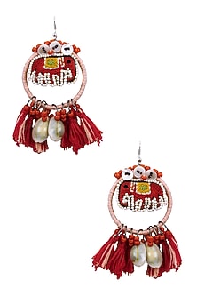Pink and Red Elephant Beadwork Hoop Earrings