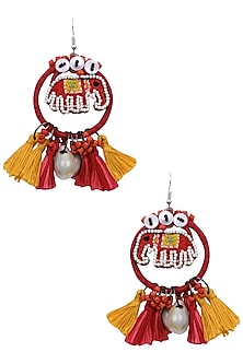 Red and Yellow Elephant Beadwork Hoop Earrings