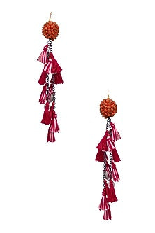 Red, Pink and Yellow Beadwork and Tassel Fringe Fish Hook Earrings