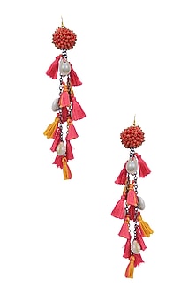 Red and Pink Beadwork and Tassel Fringe Fish Hook Earrings