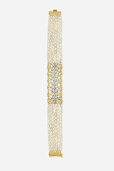 14kt Yellow Gold Finish Diamond & White Beaded Bracelet