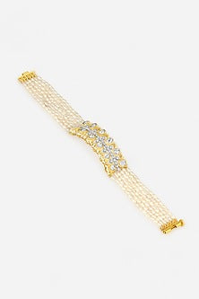14kt Yellow Gold Finish Diamond & White Beaded Bracelet