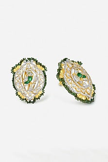 14kt Yellow Gold Finish Polki Diamond & Green Beaded Earrings