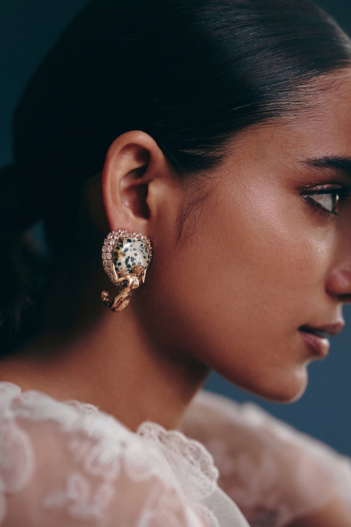 Rose Gold Plated Cubic Zirconia & Dalmatian Stone Stud Earrings