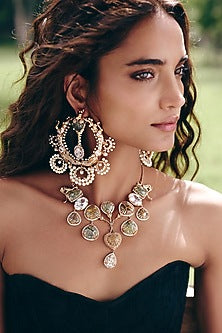 Rose Gold Plated Prehnite Stone Chandbali Earrings