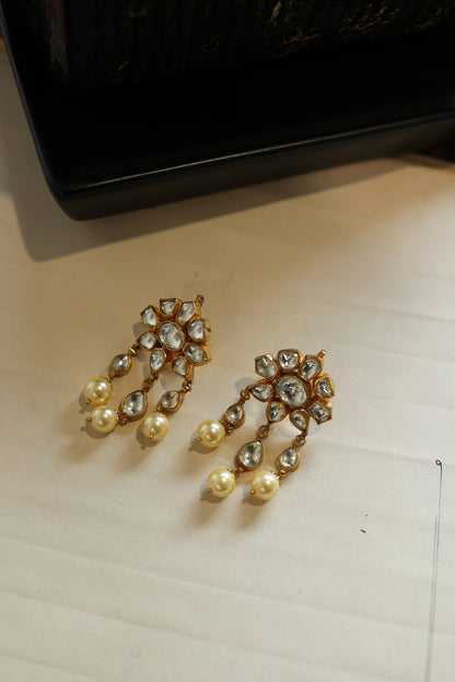 Gold Plated Kundan Polki & Pearl Earrings