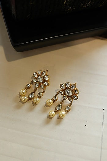 Gold Plated Kundan Polki & Pearl Earrings