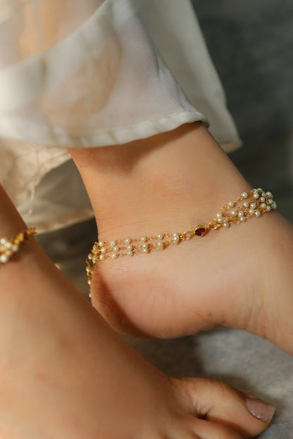 Layered Pearl Anklets -Set of 2 