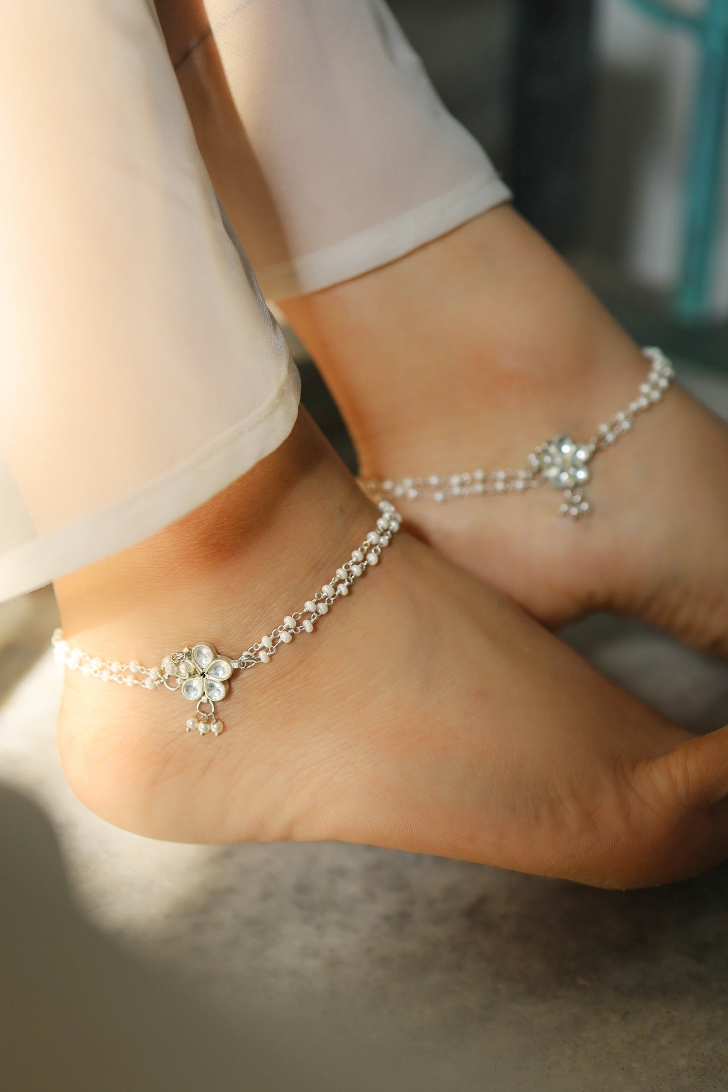 Layered Pearl Anklets -Set of 2 