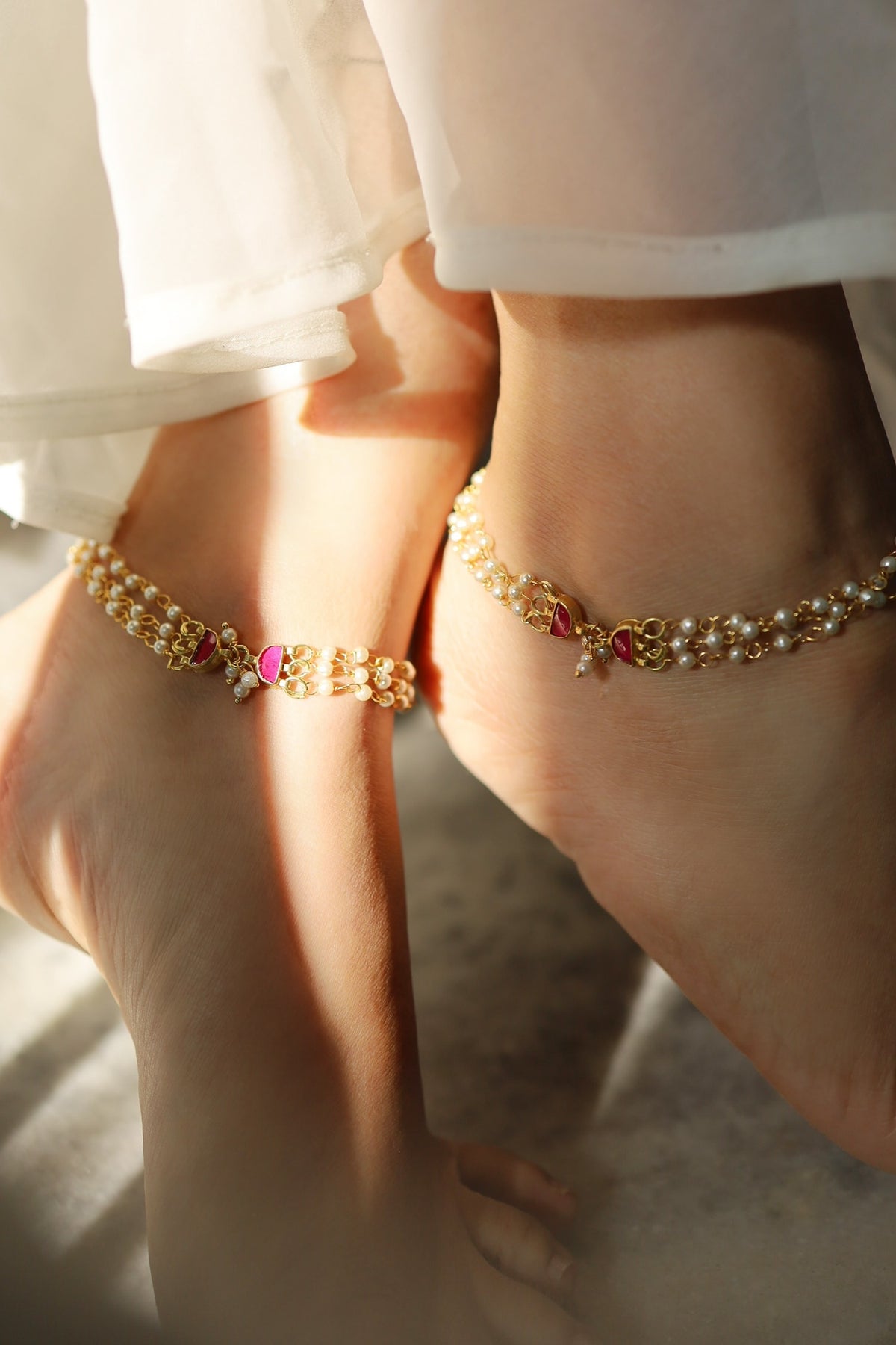 Layered Pearl Anklets -Set of 2 