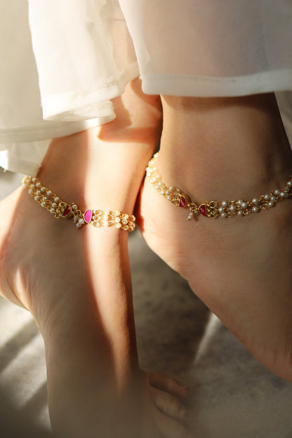 Layered Pearl Anklets -Set of 2 