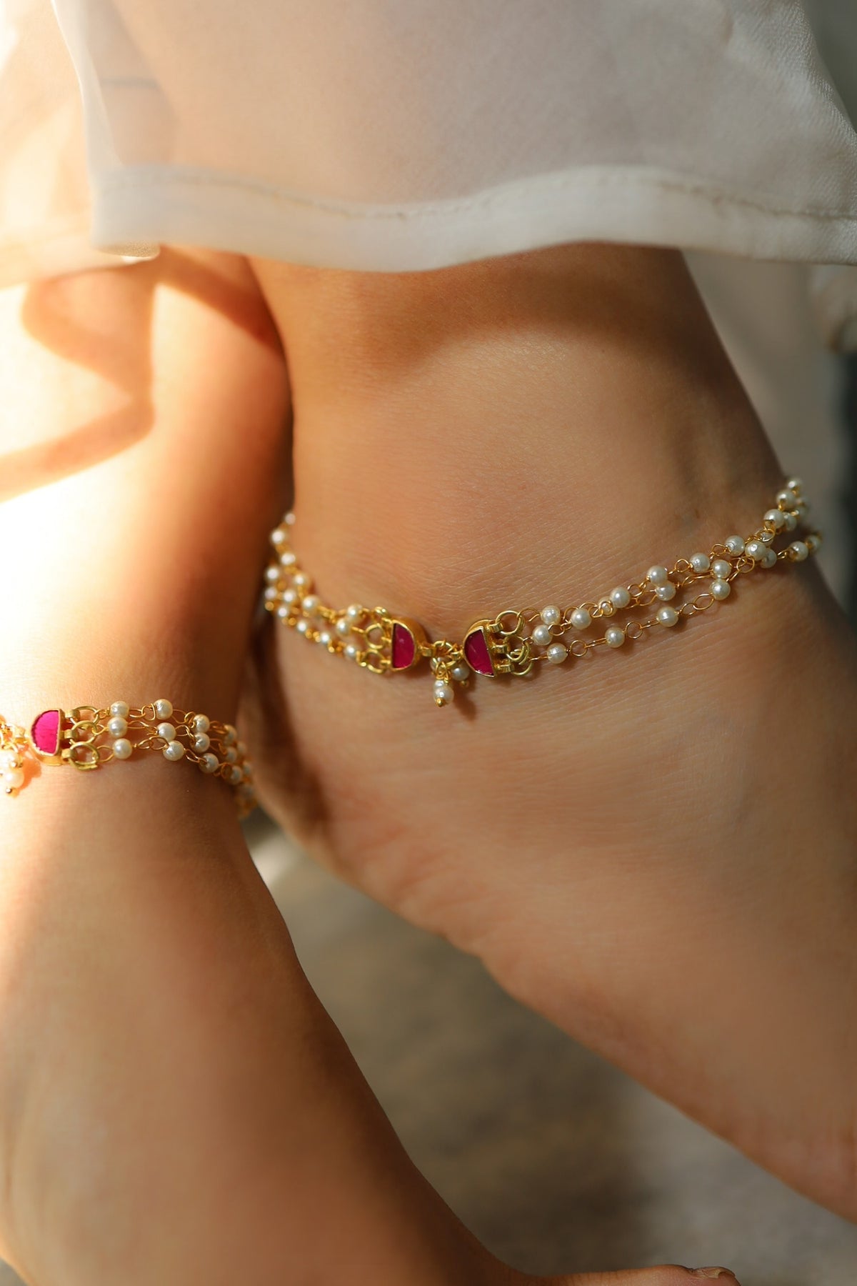 Layered Pearl Anklets -Set of 2 