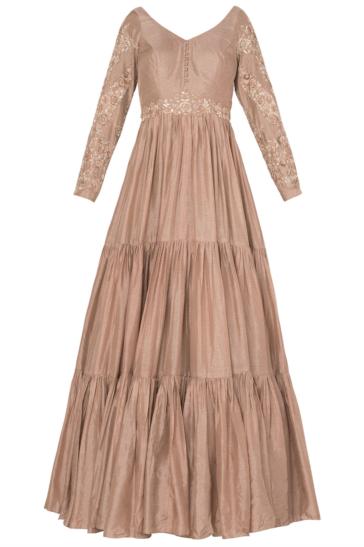 Salmon Pink Fringe Sleeves Anarkali Set In Crepe Georgette