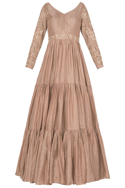 Salmon Pink Fringe Sleeves Anarkali Set In Crepe Georgette