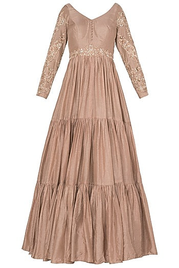 Salmon Pink Fringe Sleeves Anarkali Set In Crepe Georgette