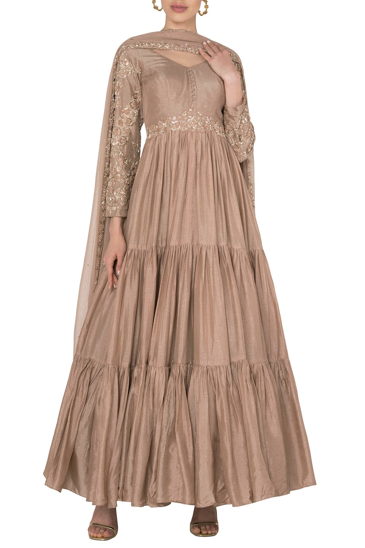 Salmon Pink Fringe Sleeves Anarkali Set In Crepe Georgette
