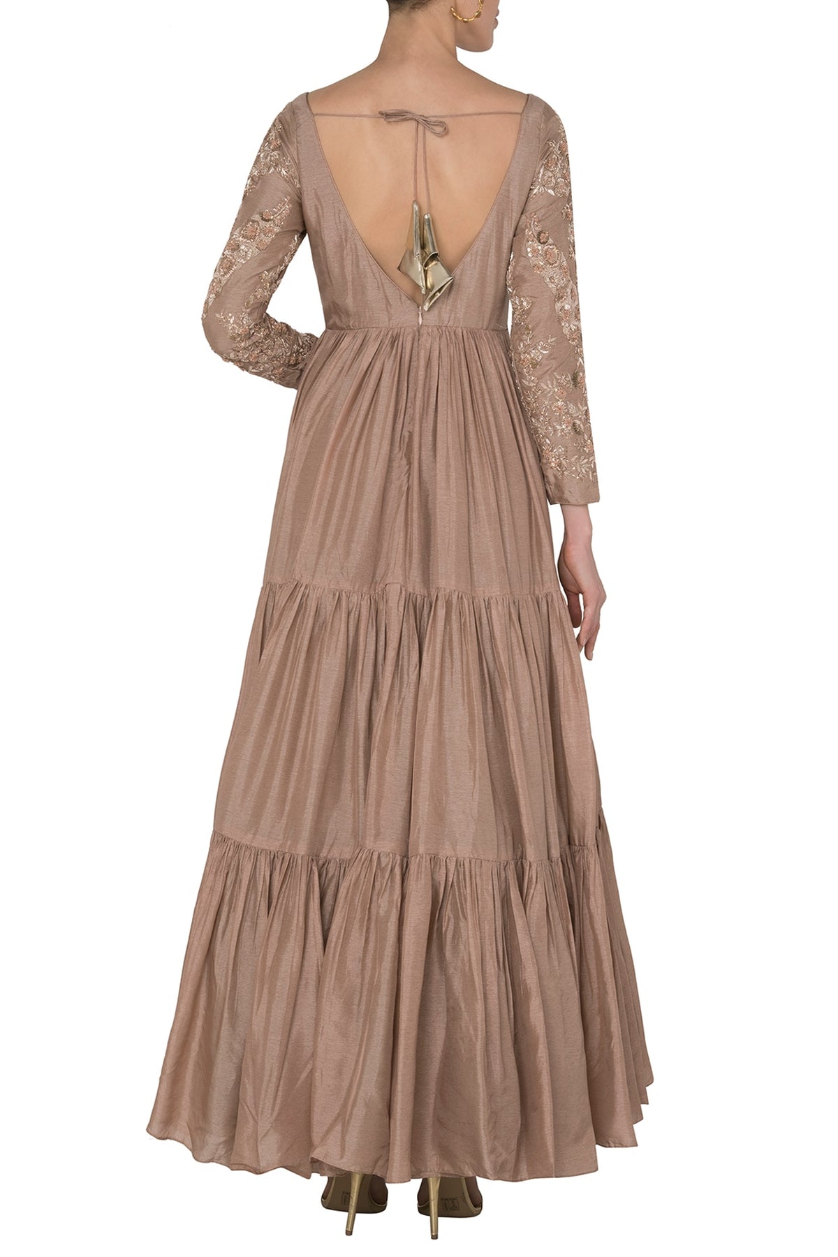 Salmon Pink Fringe Sleeves Anarkali Set In Crepe Georgette