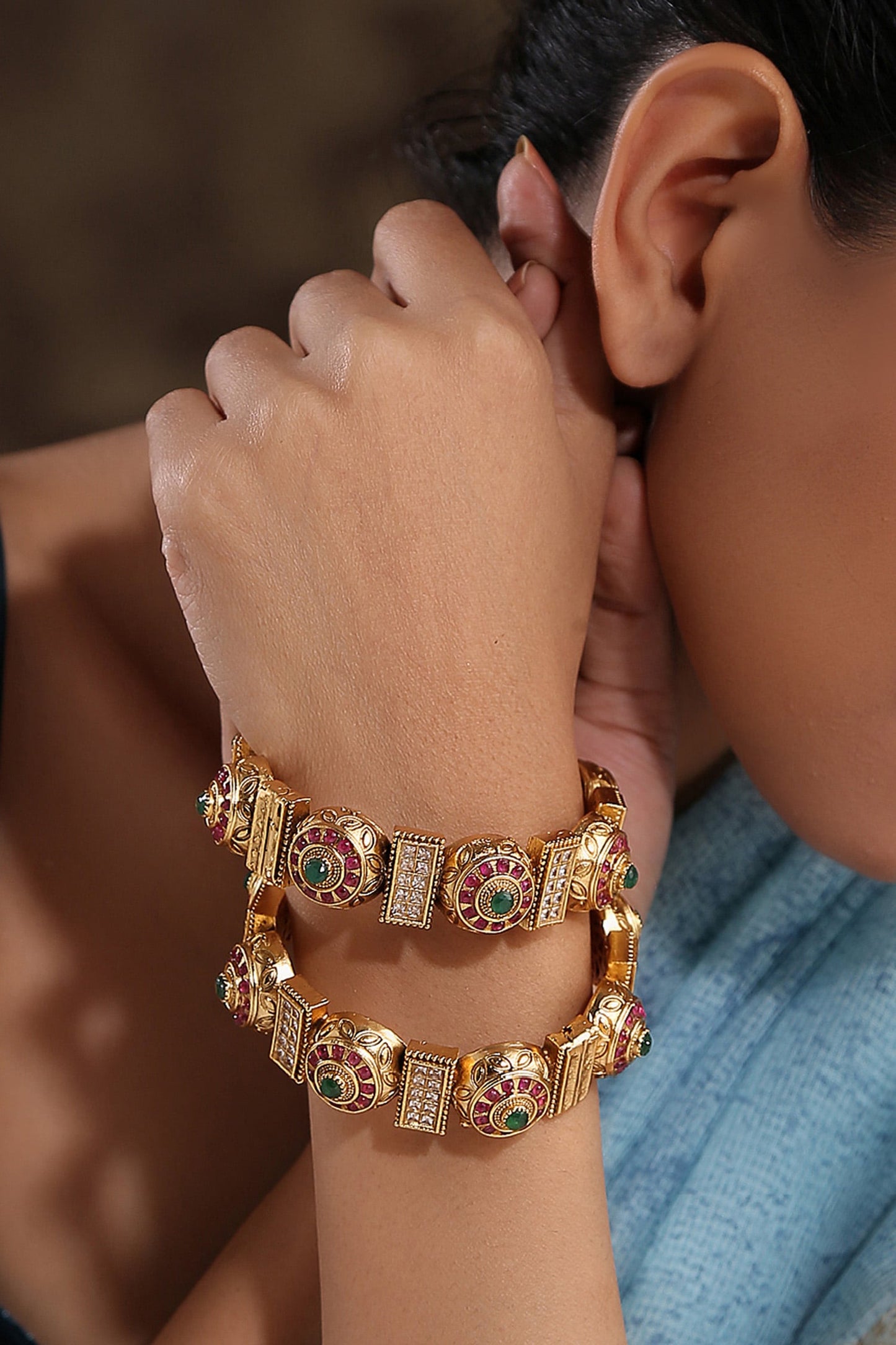 Kundan Temple Bangle - Set of 2 