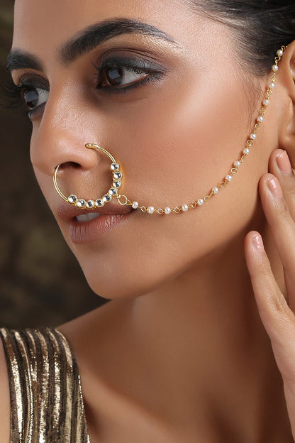 Gold Kundan Nose Ring with Bead Chain 