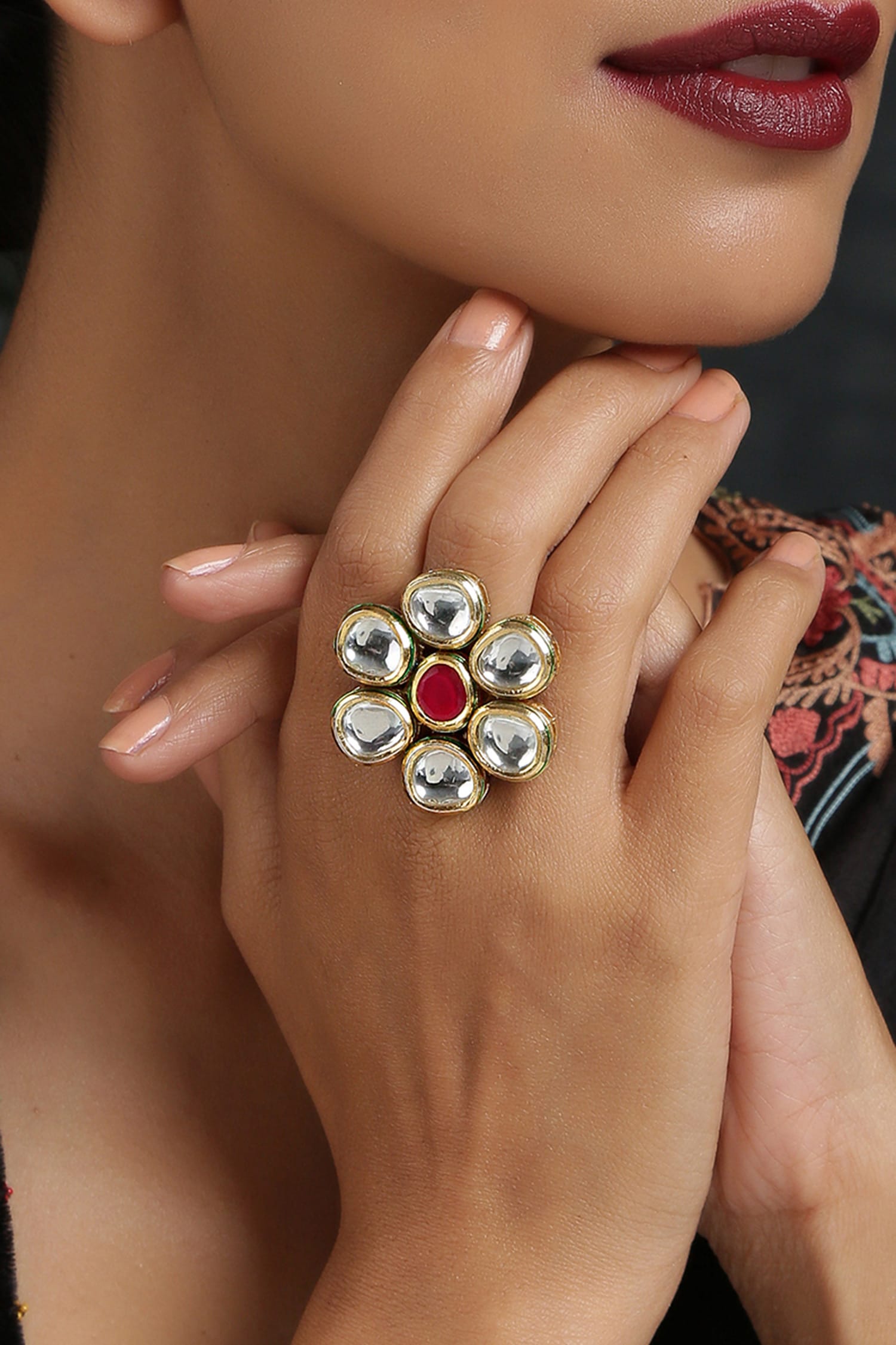 Handcrafted Kundan Floral Ring 