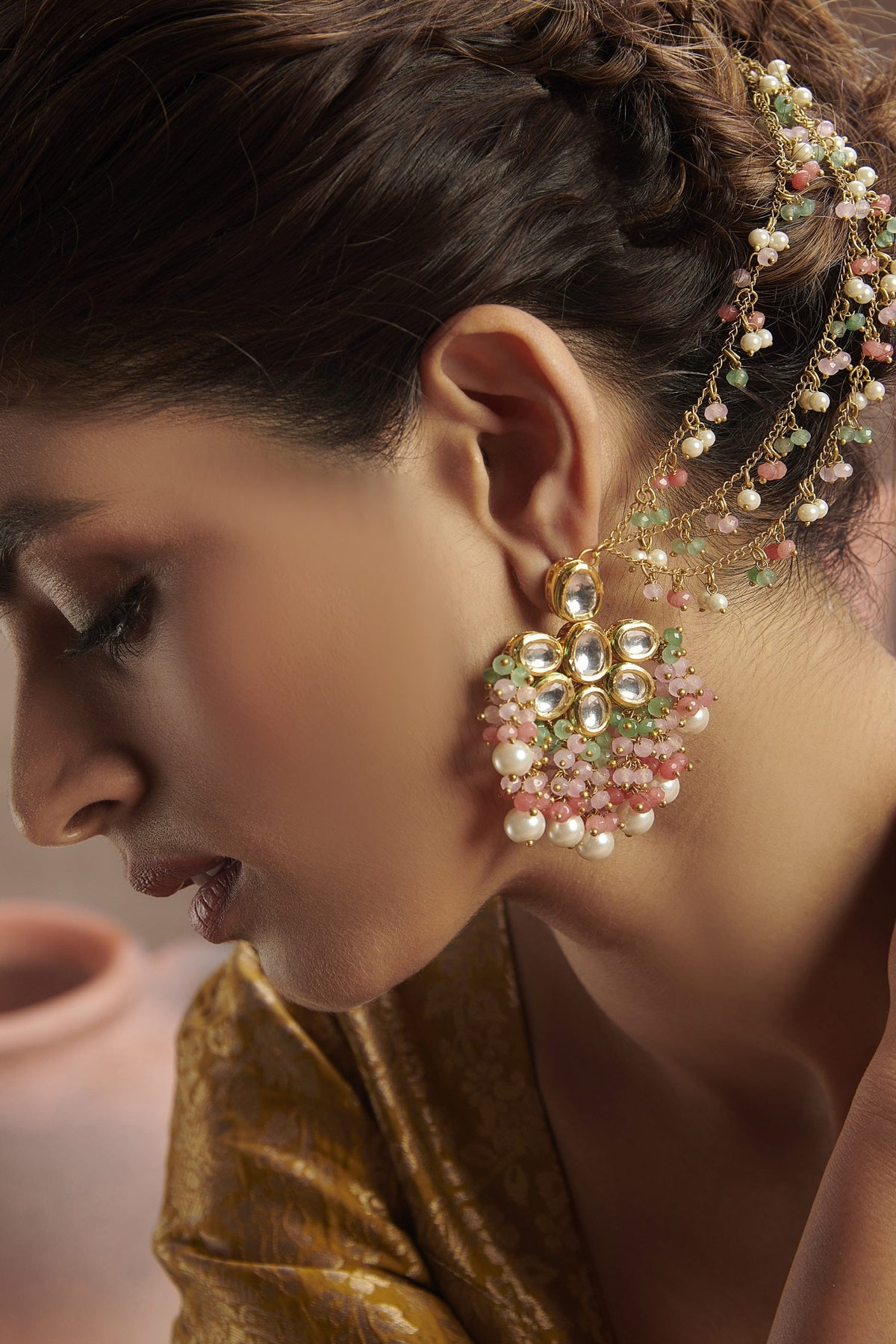 Multicolored Kundan Danglers & Drops With Ear Chain
 