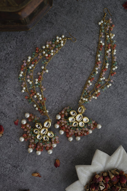 Multicolored Kundan Danglers & Drops With Ear Chain
 