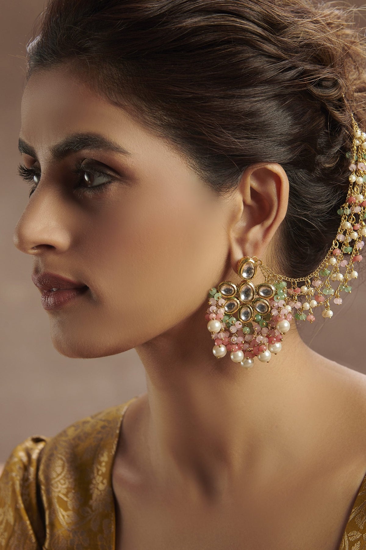 Multicolored Kundan Danglers & Drops With Ear Chain
 
