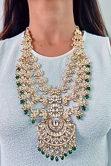 Gold Plated Kundan Polki & Green Beaded Long Necklace