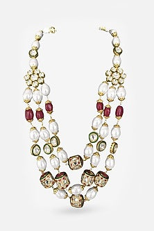 Gold Plated Kundan Polki & Pearl Layered Necklace