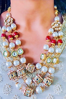 Gold Plated Kundan Polki & Pearl Layered Necklace