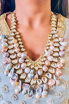 Gold Plated Kundan Polki & Precious Carved Beaded Long Necklace