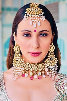 Gold Plated Kundan Polki & Precious Carved Beaded Choker Necklace