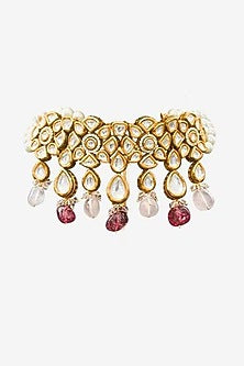 Gold Plated Kundan Polki & Precious Carved Beaded Choker Necklace