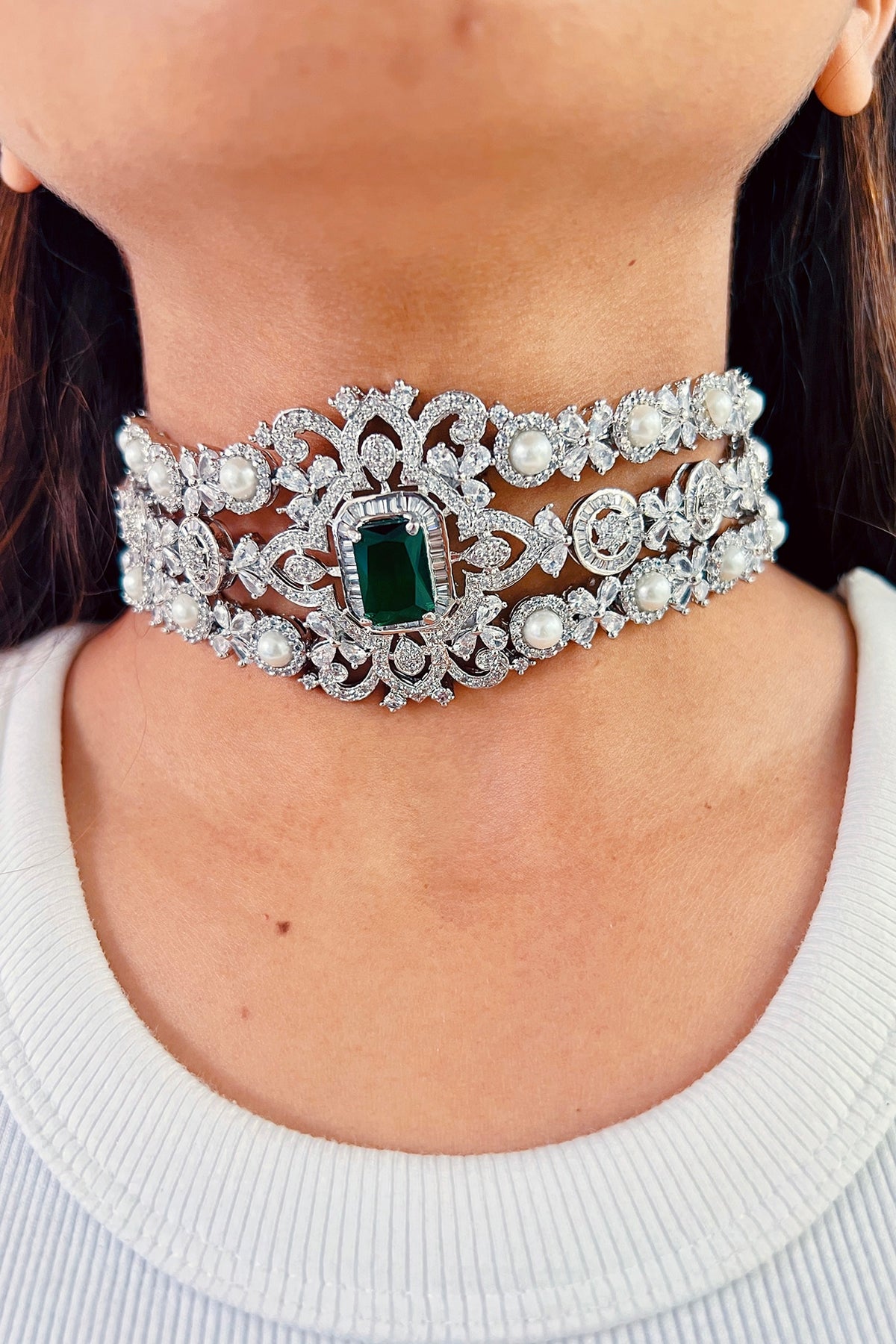 White Finish Zircon Choker Necklace