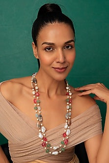 Gold Finish Shell Pearl & Quartz Melon Beaded Mala