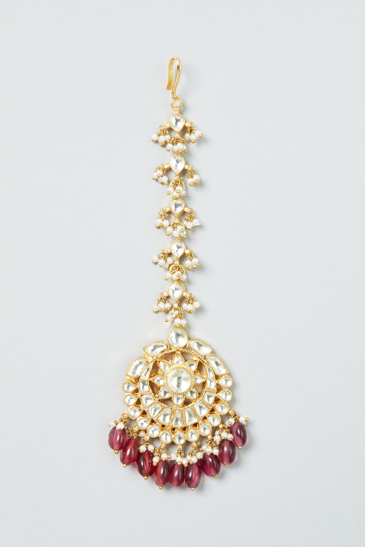 Gold Finish Maang Tikka With Pink Beads