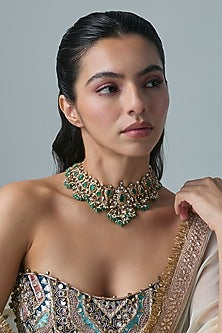 Gold Finish Emerald Stone Necklace In Sterling Silver