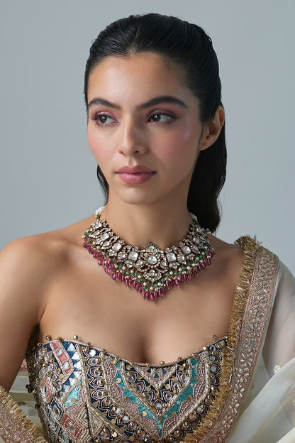 Gold Finish Kundan Polki & Multi-Colored Stone Necklace In Sterling Silver