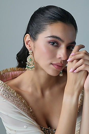 Gold Finish Kundan Polki & Green Stone Dangler Earrings In Sterling Silver
