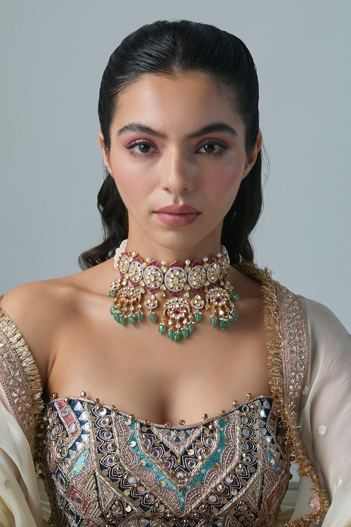 Gold Finish Kundan Polki & Multi-Colored Stone Choker Necklace In Sterling Silver