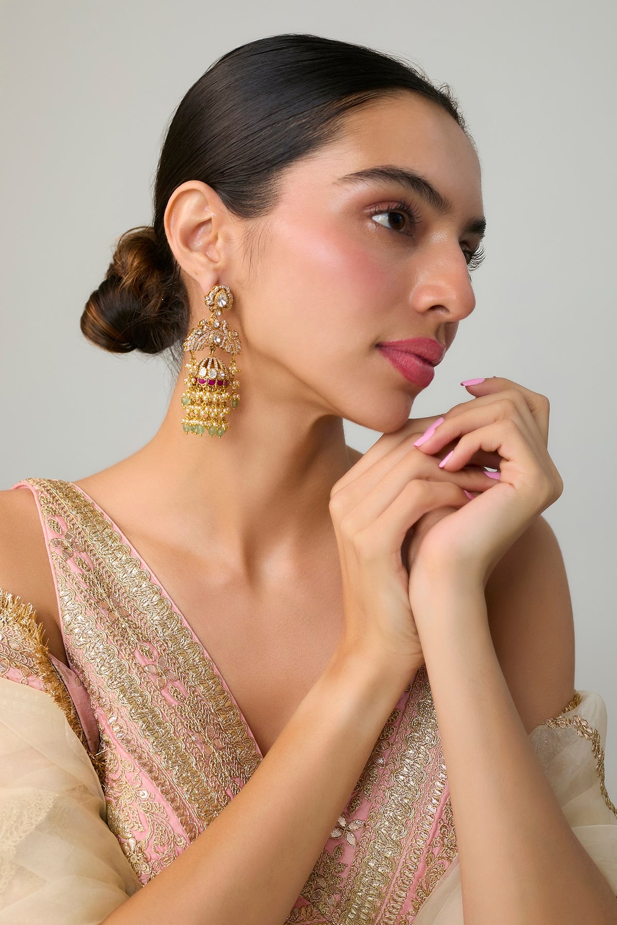 Gold Finish Kundan Polki & Multi-Colored Stone Dangler Earrings In Sterling Silver