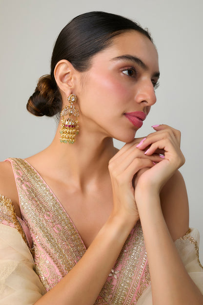 Gold Finish Kundan Polki & Multi-Colored Stone Dangler Earrings In Sterling Silver