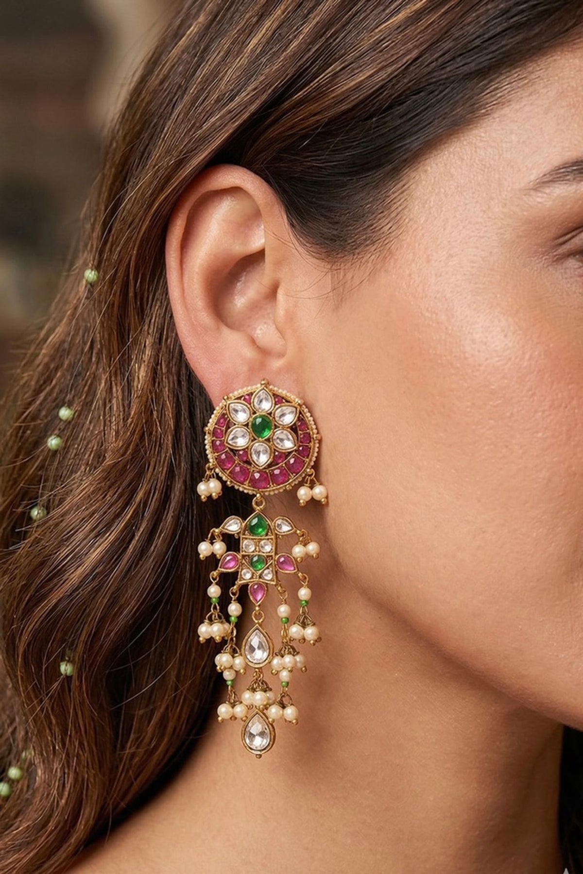 Gold Finish Multi-Colored Synthetic Stone & Pearl Dangler Earrings