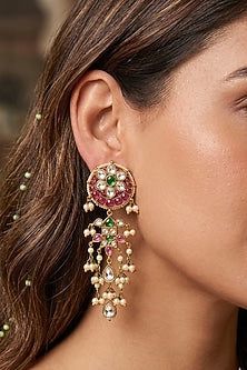 Gold Finish Multi-Colored Synthetic Stone & Pearl Dangler Earrings