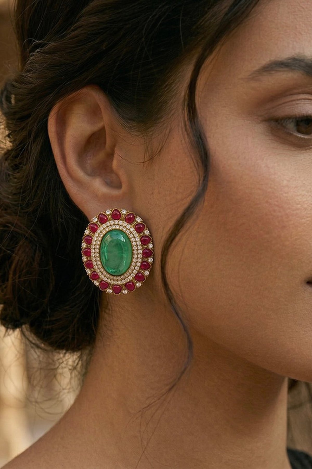 Gold Finish Emerald & Ruby Dangler Earrings