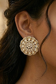 Gold Finish Kundan Polki & Pearl Stud Earrings