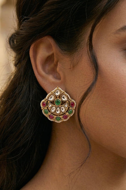 Gold Finish Kundan Polki & Pearl Stud Earrings