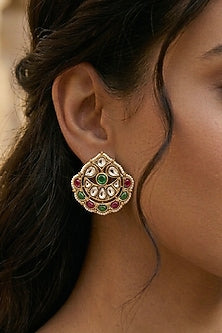 Gold Finish Kundan Polki & Pearl Stud Earrings