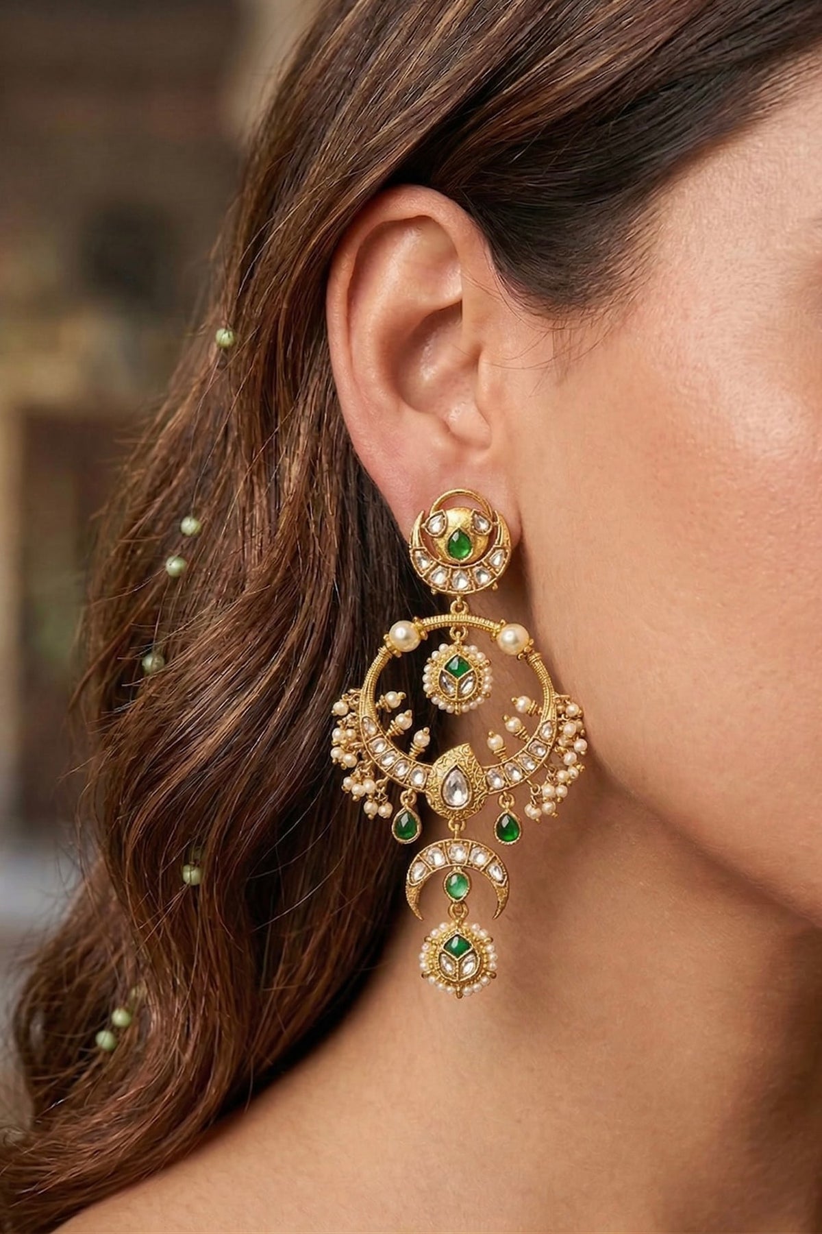 Gold Finish Emerald & Kundan Polki Chandbali Earrings